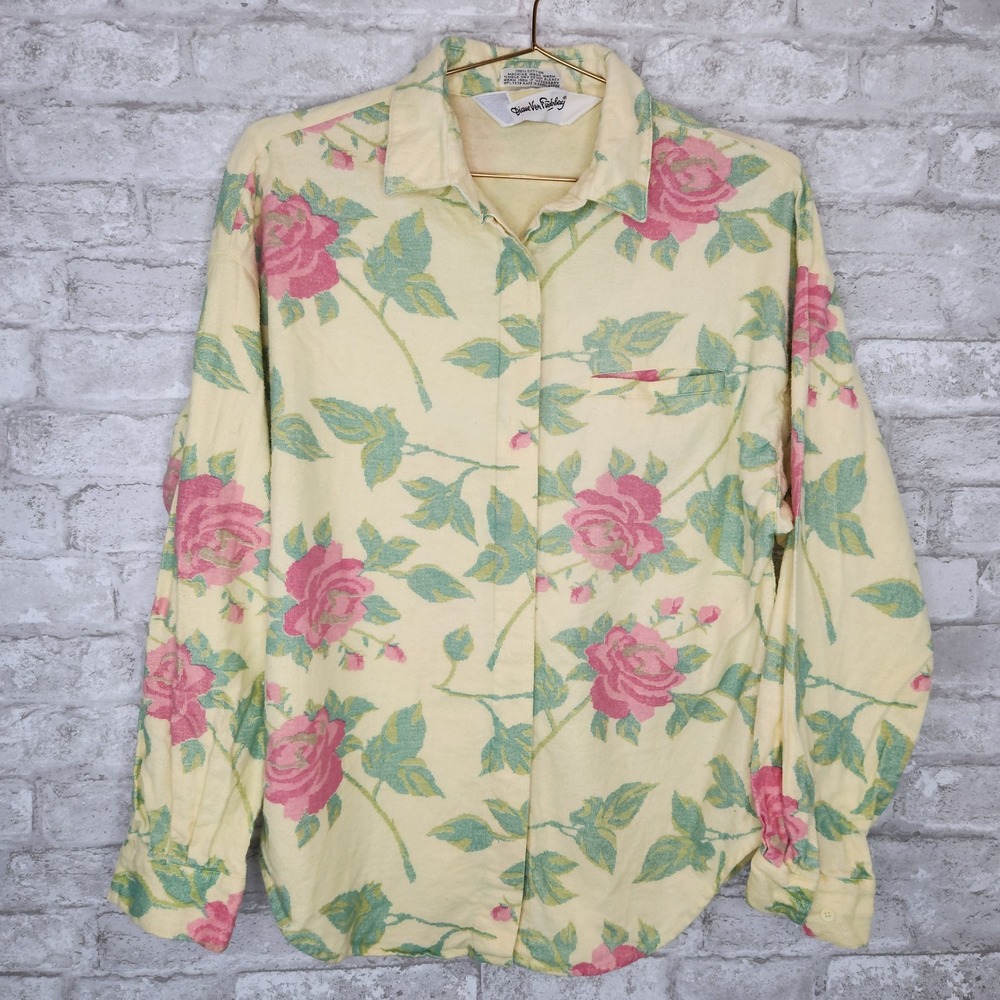 Vintage Diane Von Furstenberg Flannel Shirt Yellow Floral Rose Cottagecore M